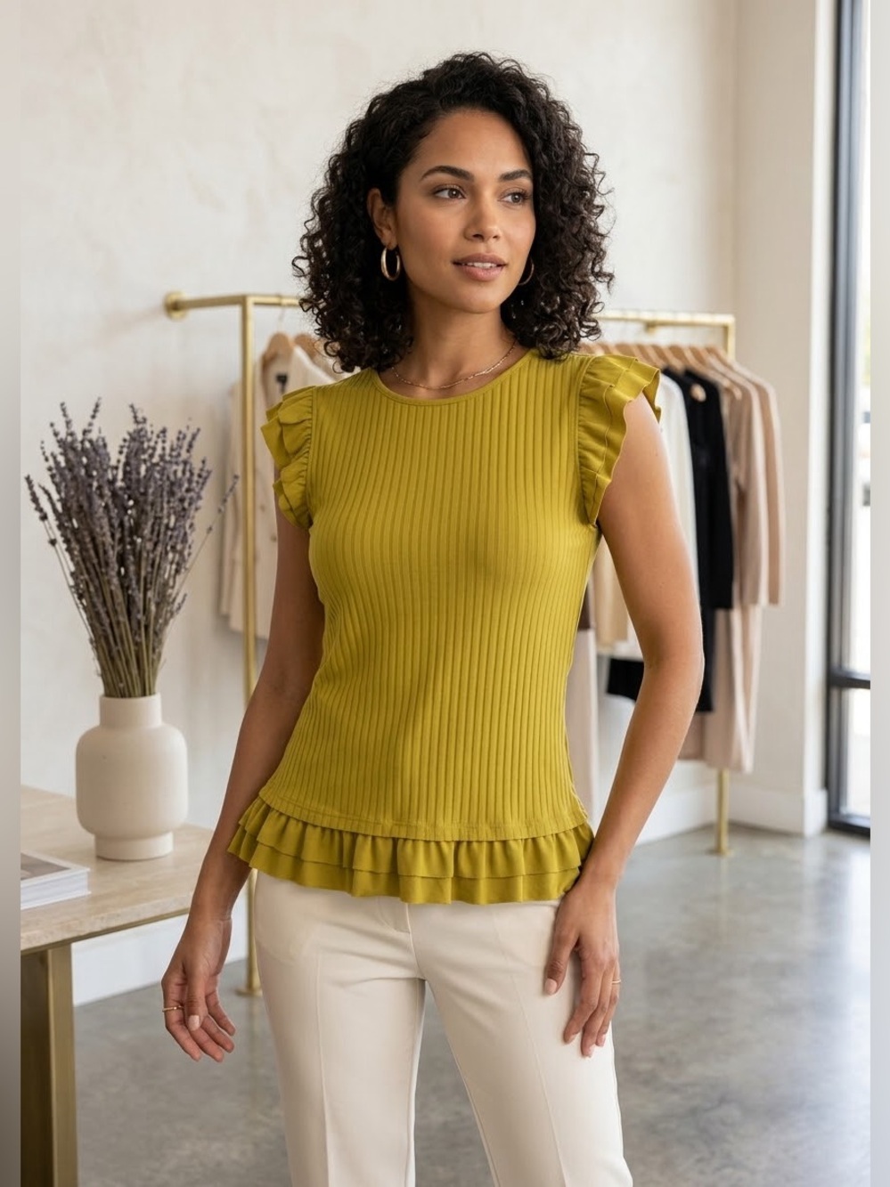 Marc New York Amber green  Pleated Ruffle Sleeve Top